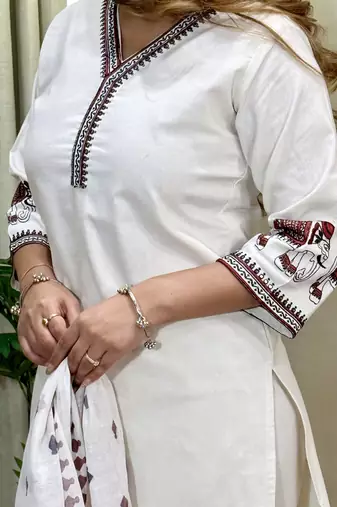 Off white khadi cotton kurti pent dupatta set