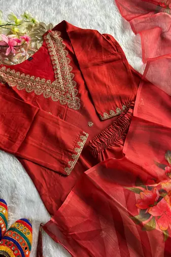 Red rayon slub kurti pent dupatta set