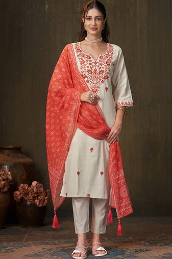 Off white khadi cotton kurti pent dupatta set