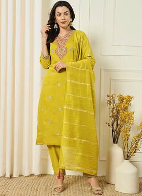 Yellow roman silk kurti pent dupatta set 1