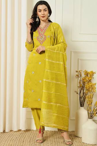 Yellow roman silk kurti pent dupatta set