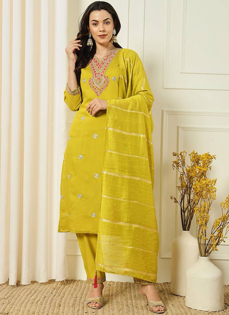 Yellow roman silk kurti pent dupatta set