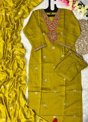Yellow roman silk kurti pent dupatta set 2