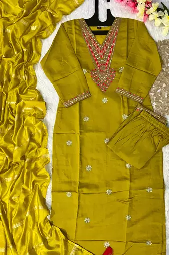 Yellow roman silk kurti pent dupatta set