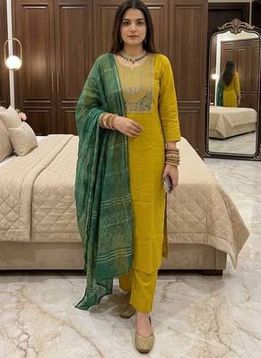 Yellow roman silk kurti pent dupatta set 1