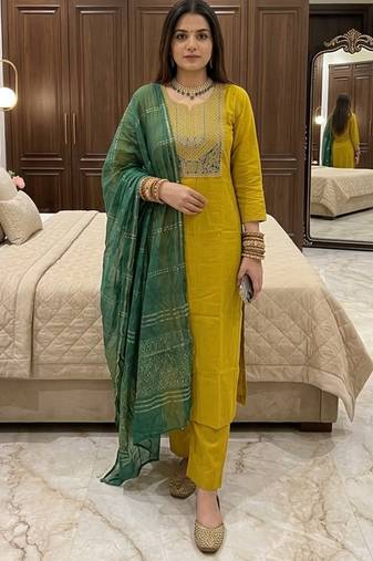 Yellow roman silk kurti pent dupatta set