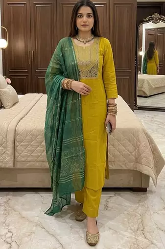 Yellow roman silk kurti pent dupatta set
