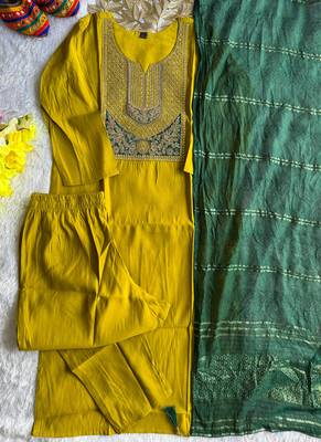 Yellow roman silk kurti pent dupatta set 2