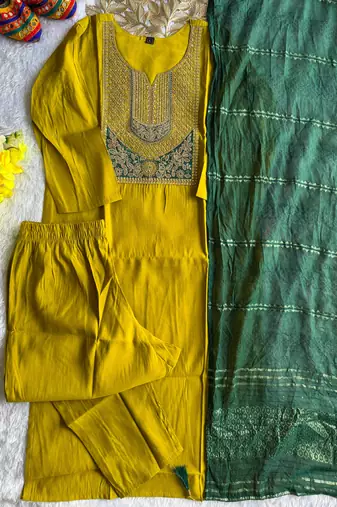 Yellow roman silk kurti pent dupatta set