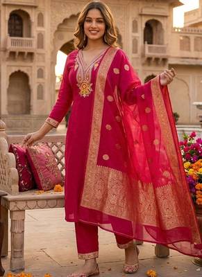 Pink roman silk kurti pent dupatta set 1
