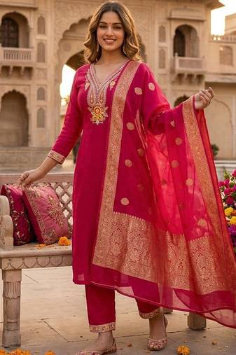 Pink roman silk kurti pent dupatta set