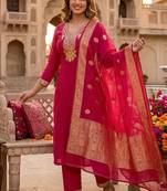 Pink roman silk kurti pent dupatta set