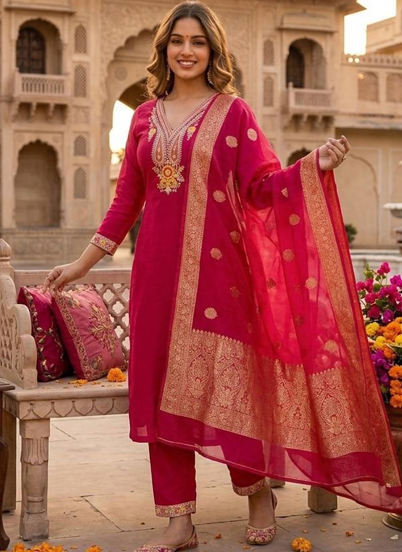 Pink roman silk kurti pent dupatta set