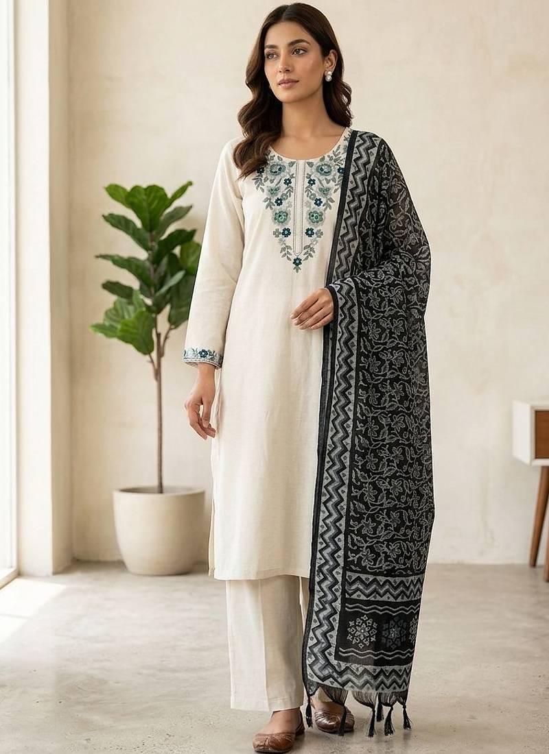 Off white khadi cotton kurti pent dupatta set