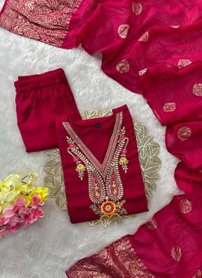 Pink roman silk kurti pent dupatta set 2