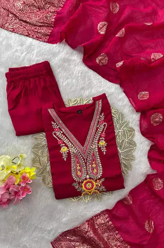 Pink roman silk kurti pent dupatta set