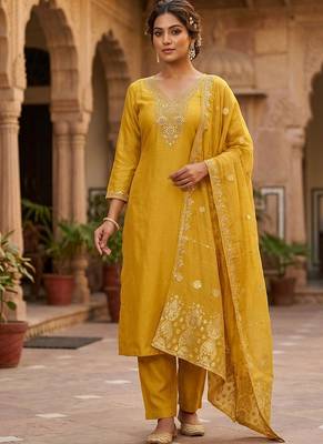 Yellow roman silk kurti pent dupatta set 1