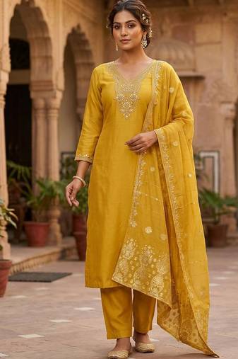 Yellow roman silk kurti pent dupatta set