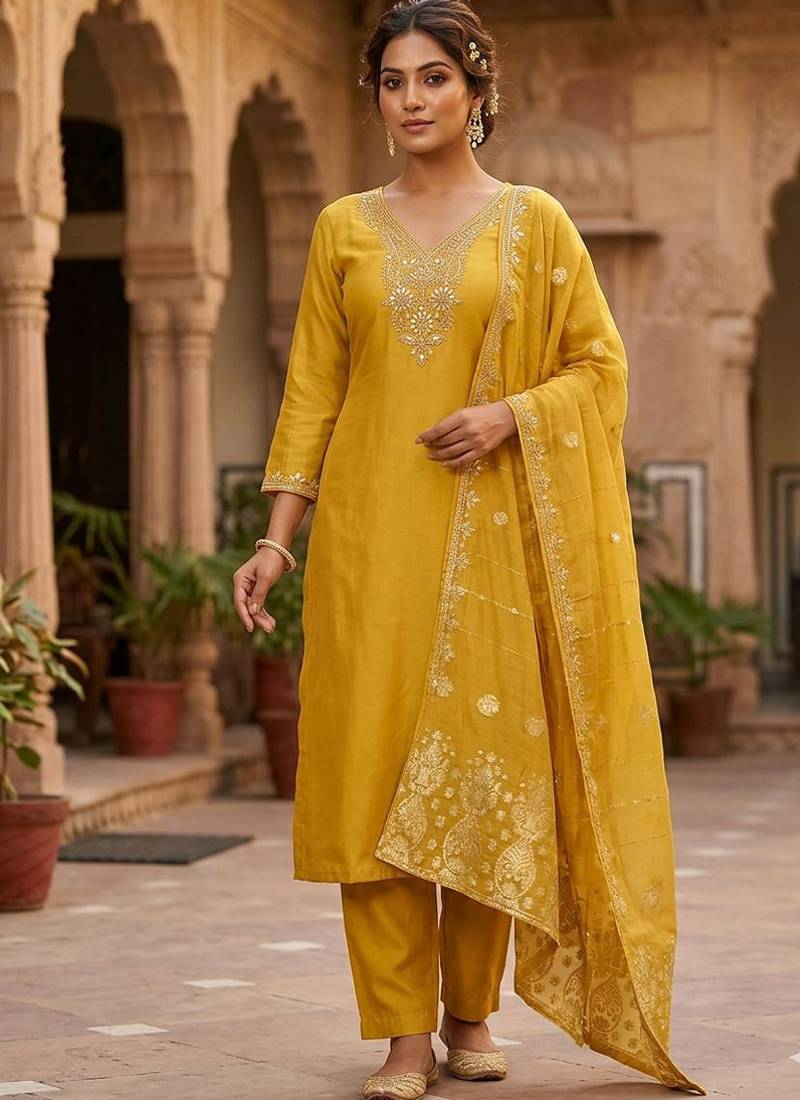 Yellow roman silk kurti pent dupatta set