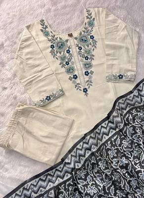 Off white khadi cotton kurti pent dupatta set 2