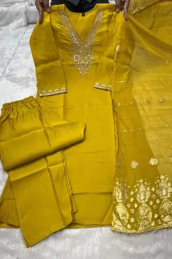Yellow roman silk kurti pent dupatta set