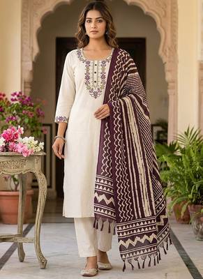 Off white khadi cotton kurti pent dupatta set 1