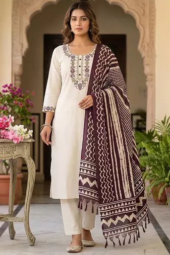 Off white khadi cotton kurti pent dupatta set