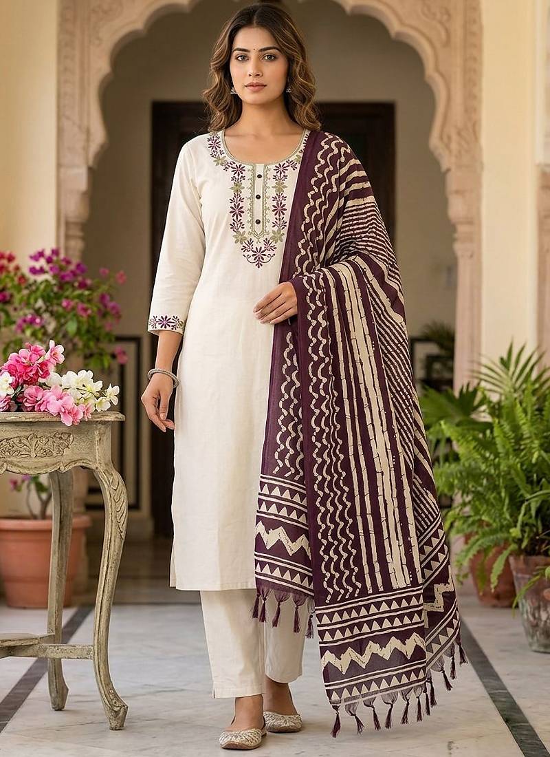 Off white khadi cotton kurti pent dupatta set