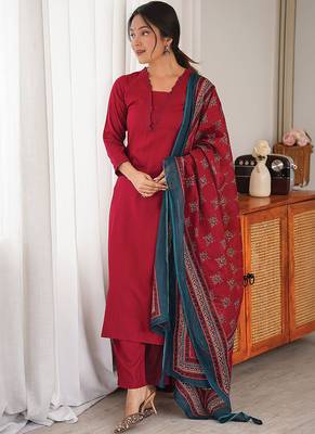 Maroon rayon 17 kg kurti pent dupatta set 1