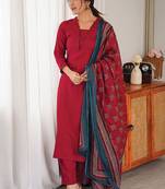 Maroon rayon 17 kg kurti pent dupatta set