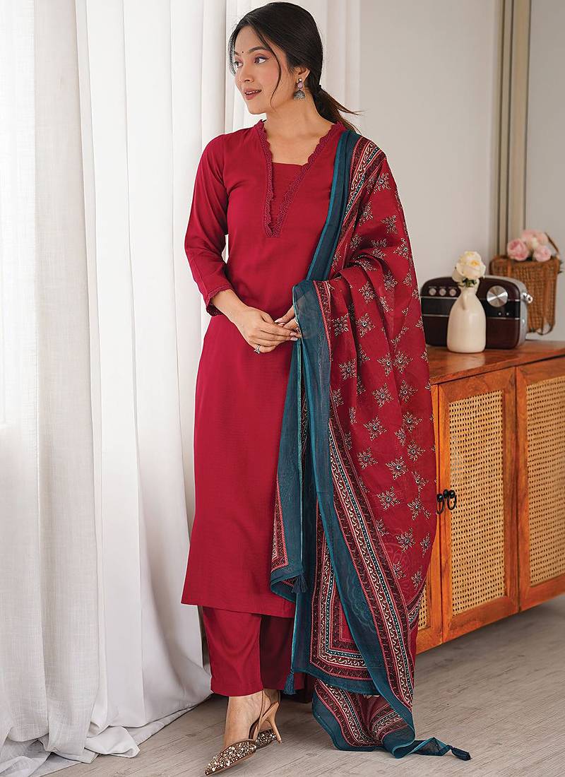 Maroon rayon 17 kg kurti pent dupatta set