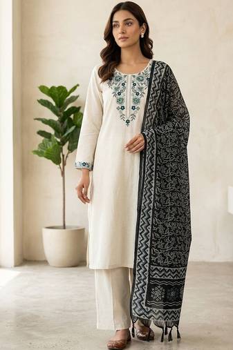 Off white khadi cotton kurti pent dupatta set
