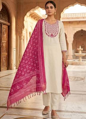 Off white khadi cotton kurti pent dupatta set 1