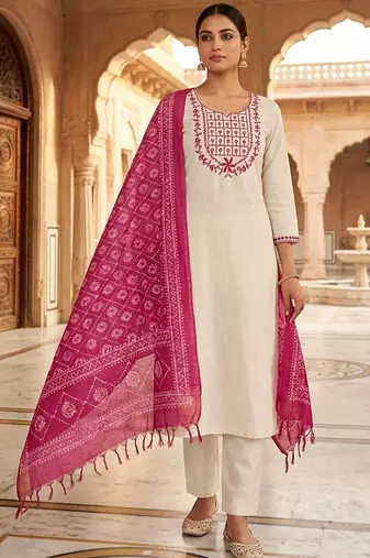 Off white khadi cotton kurti pent dupatta set