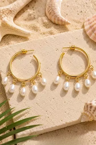 Fashion gold plated anti tarnish faux pearl hoop earrings for women & girls