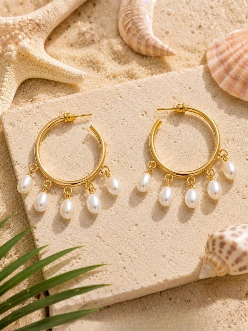 Fashion gold plated anti tarnish faux pearl hoop earrings for women & girls