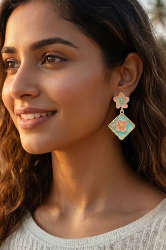 Fashion gold plated anti tarnish pink blue floral drop earrings for women