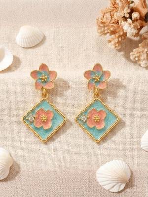 Fashion gold plated anti tarnish pink blue floral drop earrings for women 2
