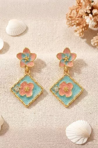 Fashion gold plated anti tarnish pink blue floral drop earrings for women
