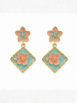 Fashion gold plated anti tarnish pink blue floral drop earrings for women 3