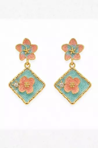 Fashion gold plated anti tarnish pink blue floral drop earrings for women