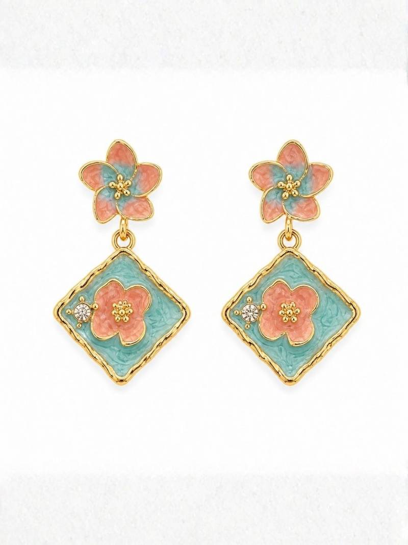 Fashion gold plated anti tarnish pink blue floral drop earrings for women