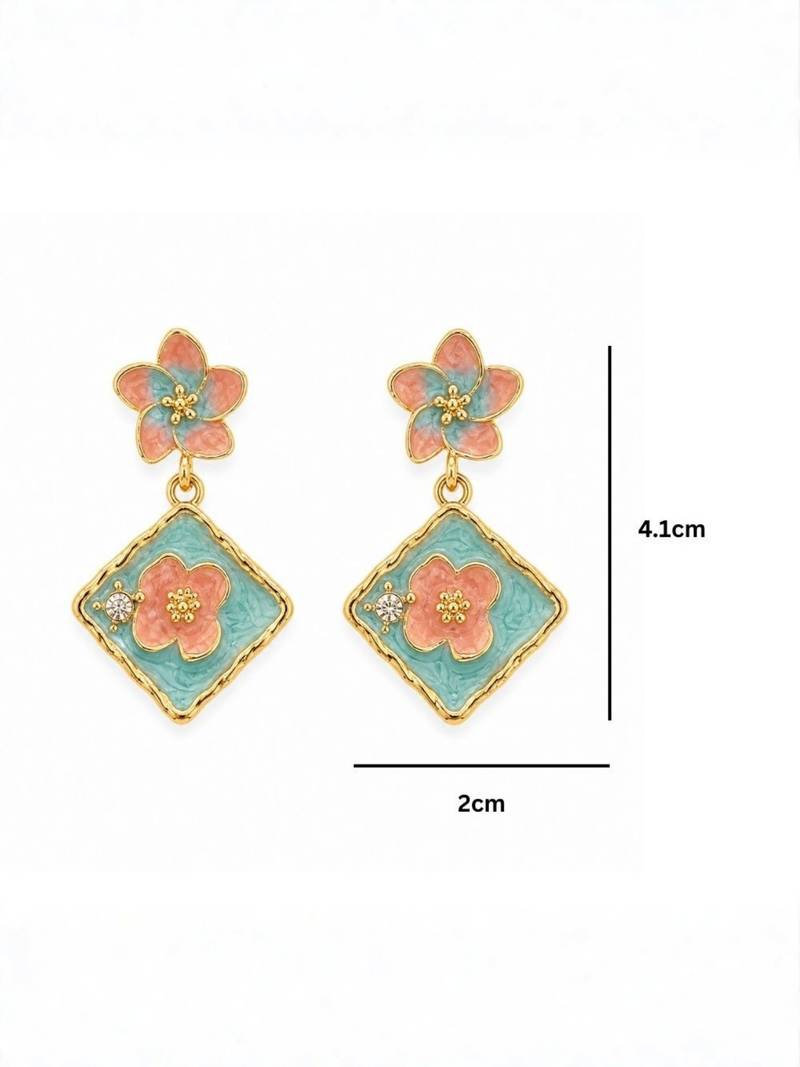 Fashion gold plated anti tarnish pink blue floral drop earrings for women