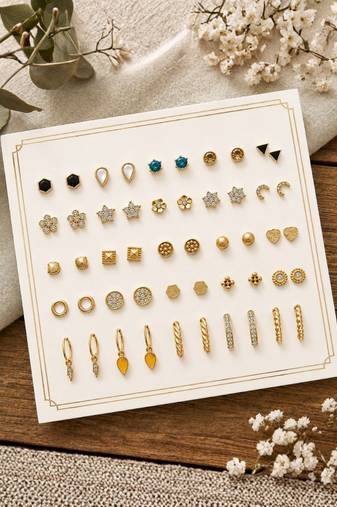 Fashion 25 pairs anti tarnish gold plated stud & hoop earrings for women