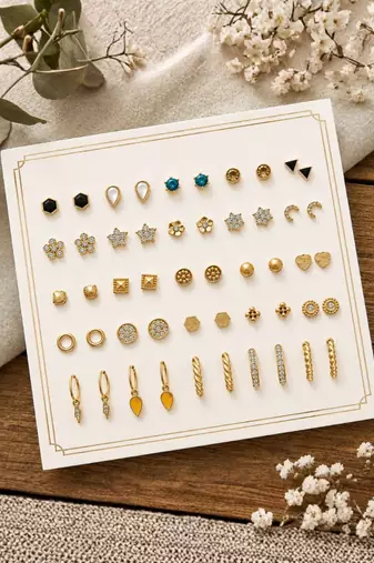Fashion 25 pairs anti tarnish gold plated stud & hoop earrings for women