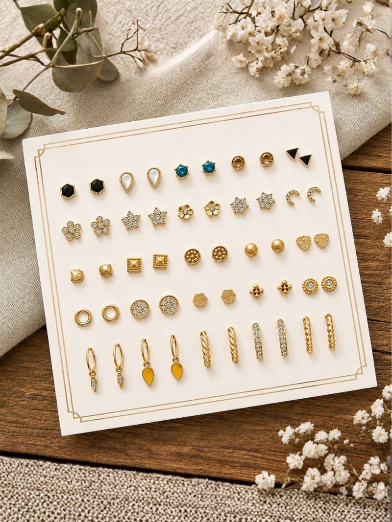 Fashion 25 pairs anti tarnish gold plated stud & hoop earrings for women