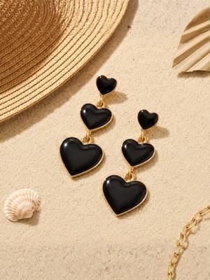 Fashion gold plated anti tarnish triple heart black earrings for women 2