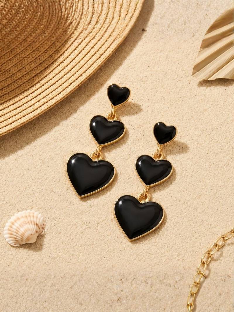 Fashion gold plated anti tarnish triple heart black earrings for women