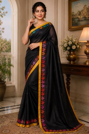 black color digital printed chanderi ready to wear saree with blouse