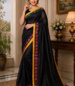 Black color digital printed chanderi cotton ready to wear saree with blouse
